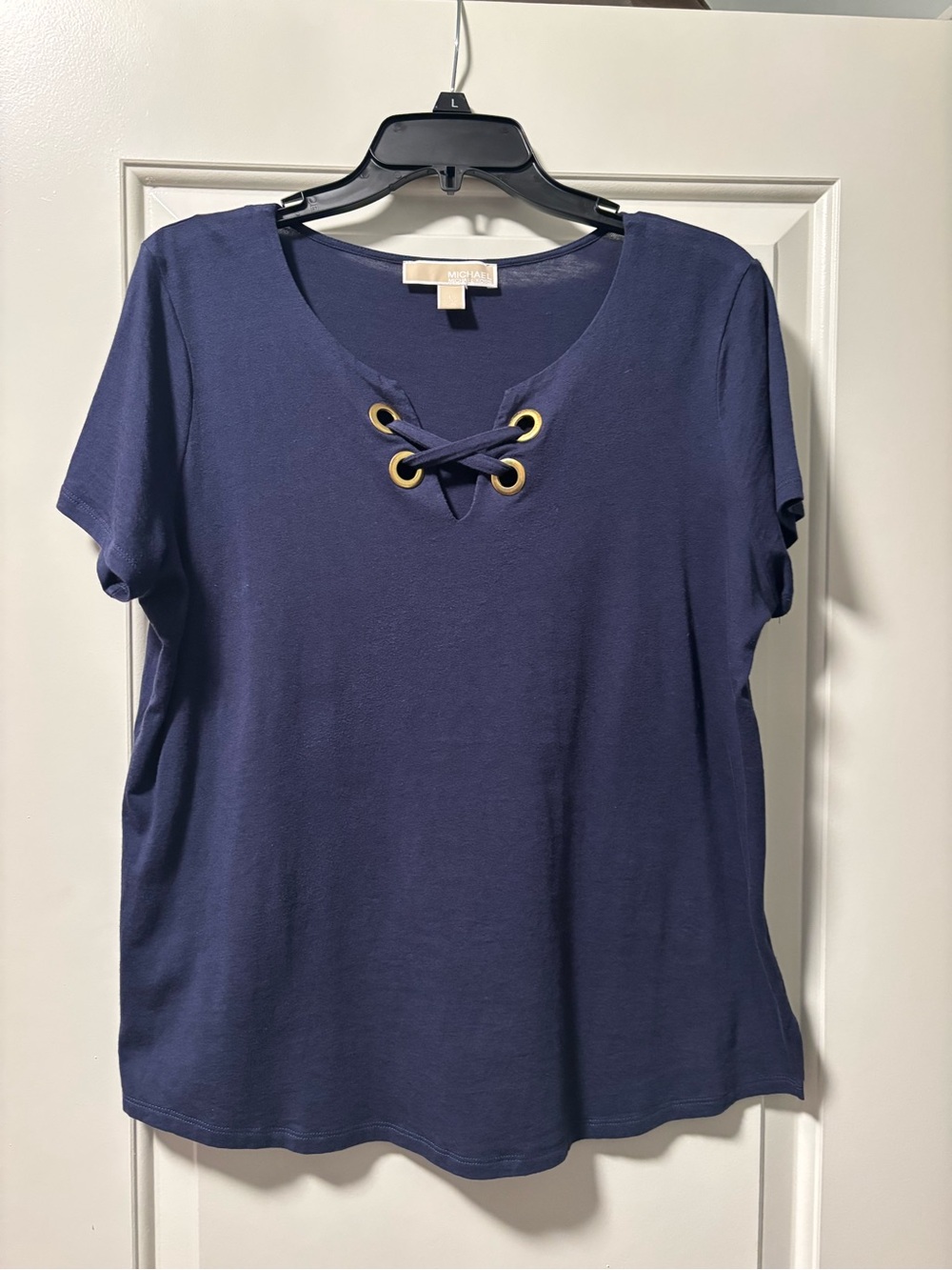 Michael Kors Navy Short Sleeve Lace-Up Top with Gold Eyelets